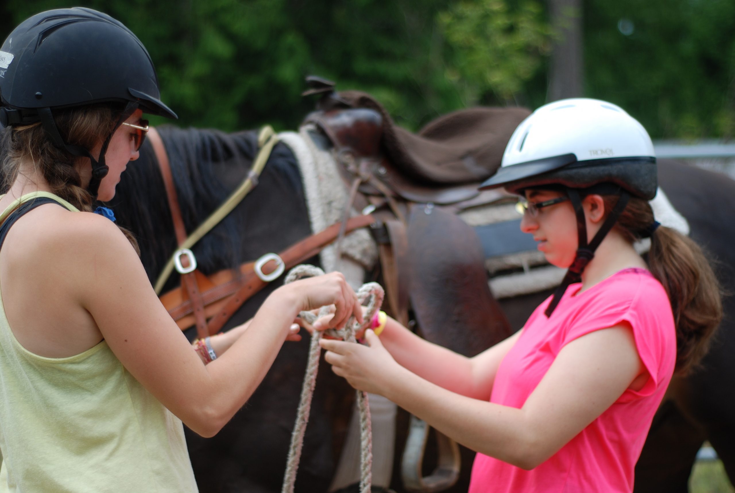 Counselor helping a camper with horse