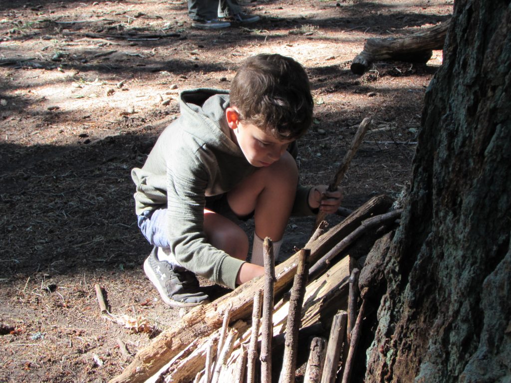 Youth placing logs to practice shelter building