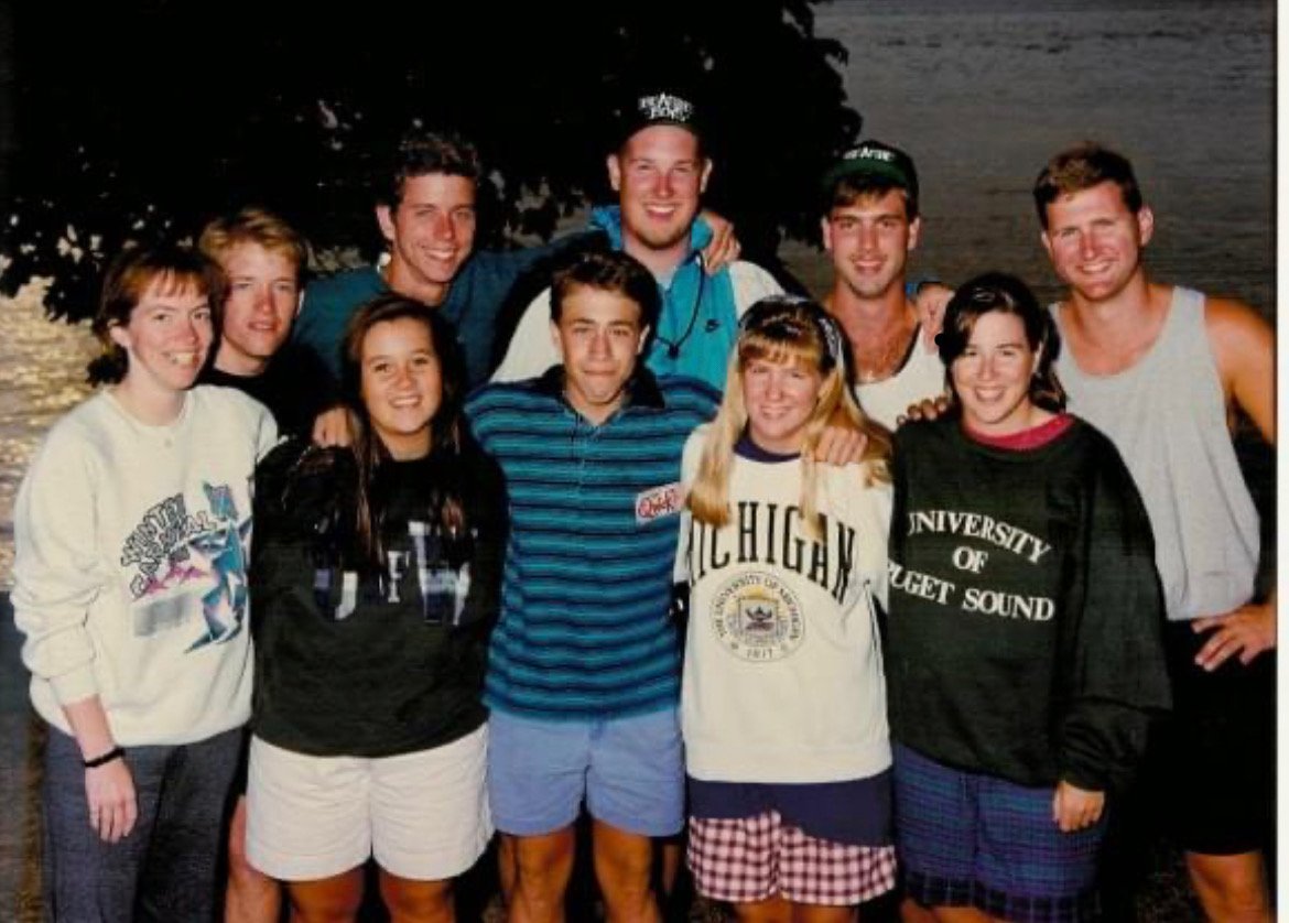 Sarah and her sister Anne (bottom right front row) are all smiles during their first week at Camp Sealth in 1991.