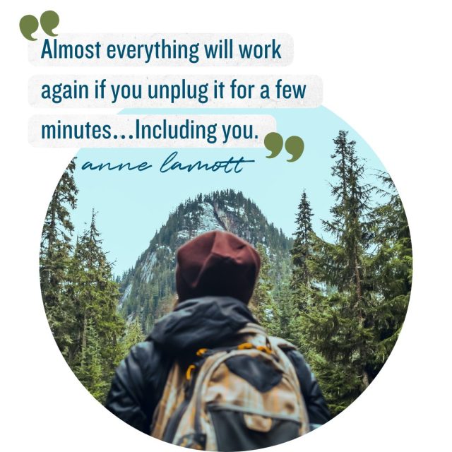 picture of a hiker turned to face a mountain in the background. the quote “Almost everything will work again if you unplug it for a few minutes…Including you.”— Anne Lamott