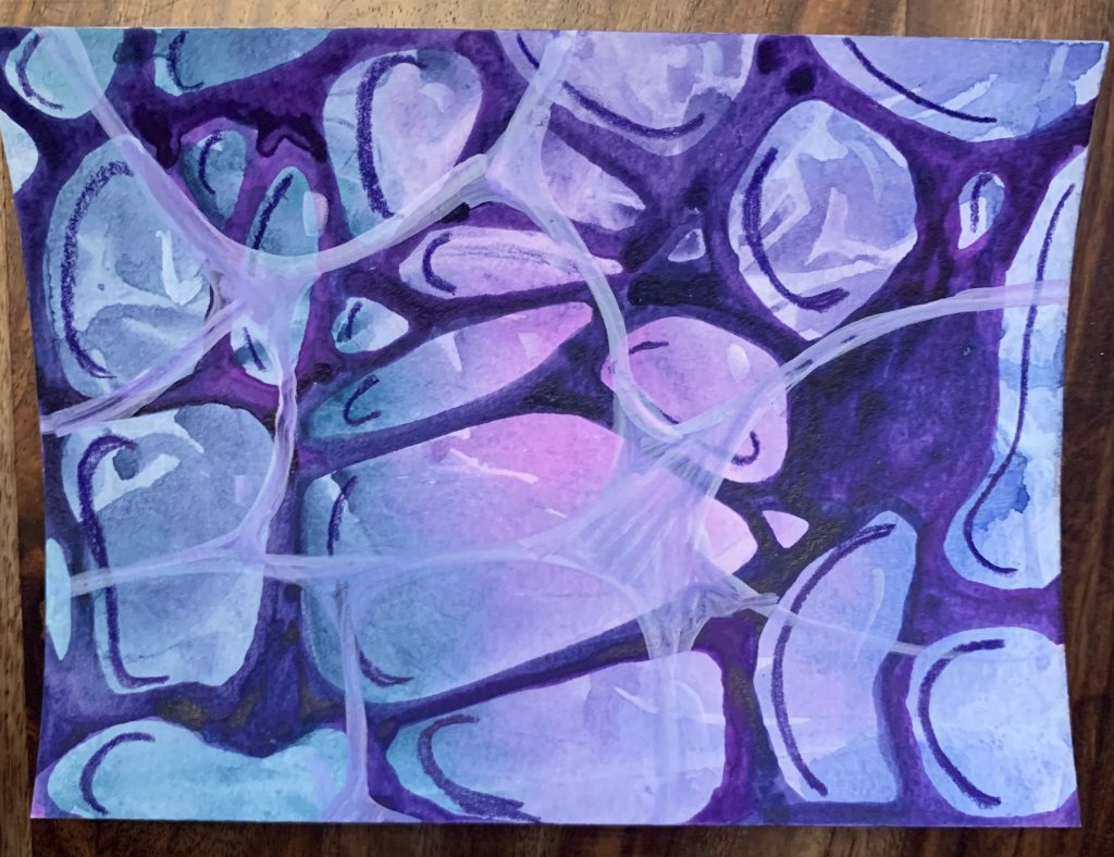 Abstract painting in shades of purple and pink.