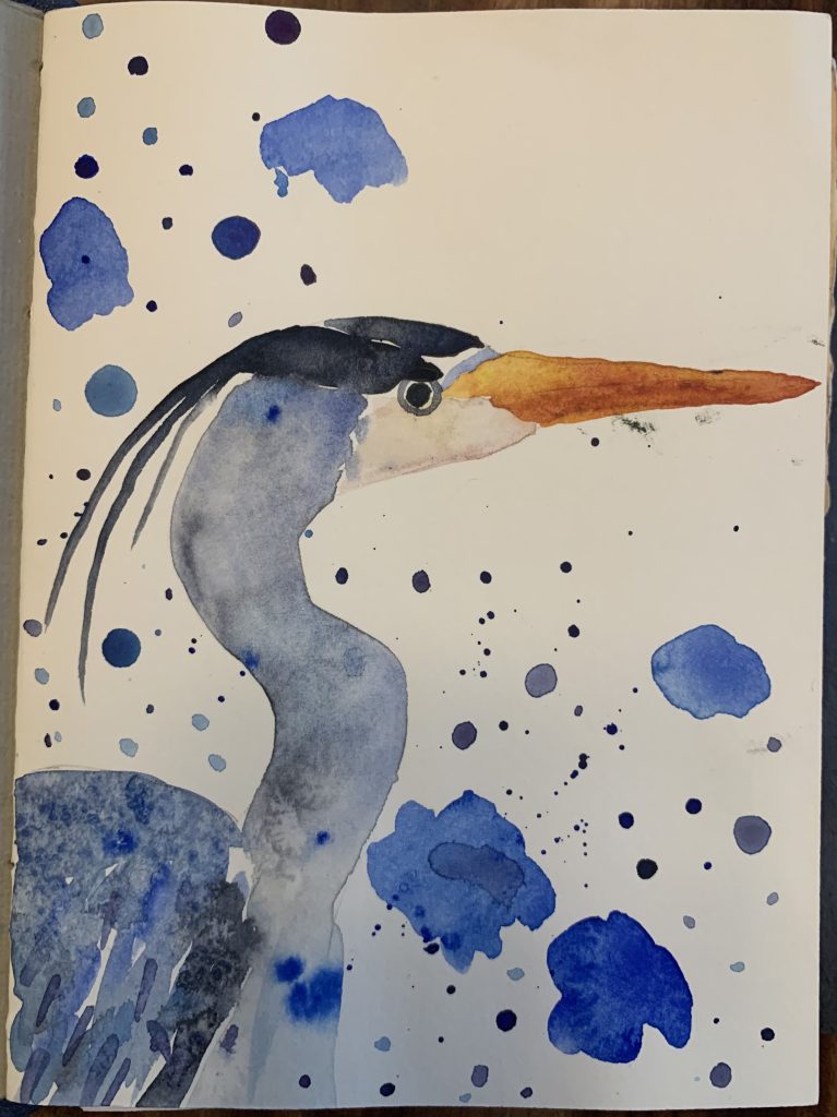 A watercolor painting of a bird with a long beak, long neck, and long head plumage