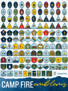 Camp Fire Emblems poster, displaying all of the new emblems side by side in a grid