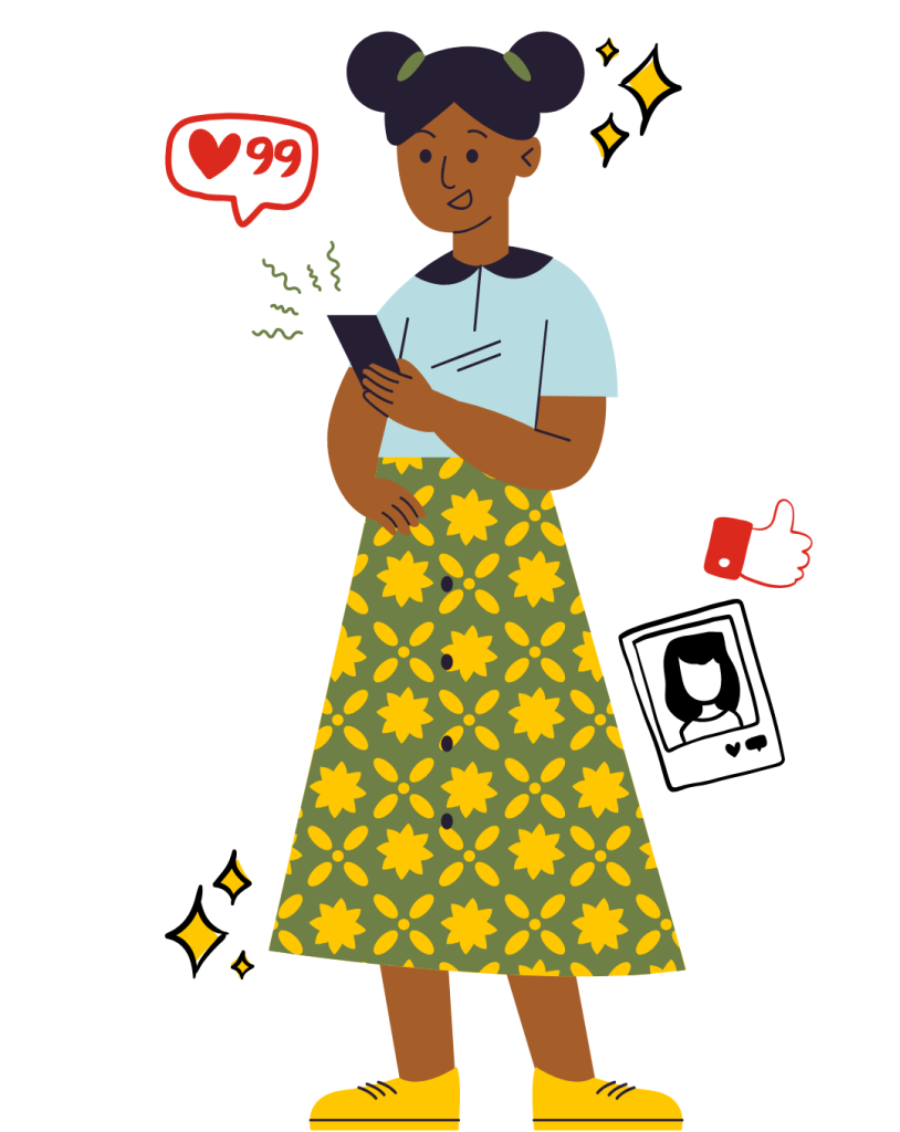an illustration of a girl looking at a social media app on a phone with likes
