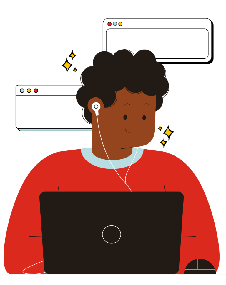illustration of a boy at at laptop while listening to a podcast