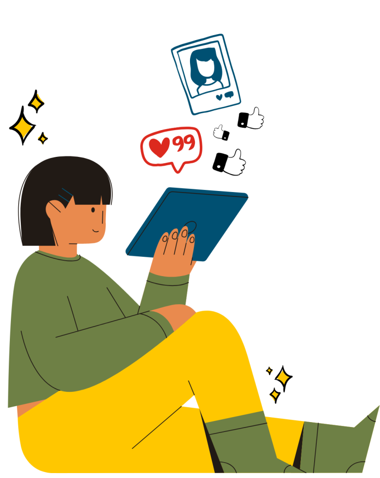 illustration of a youth looking at a tablet and the likes to a social media post